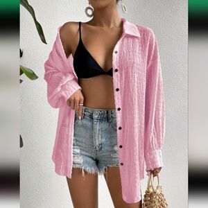 Drop Shoulder Textured Button Down Pink XS